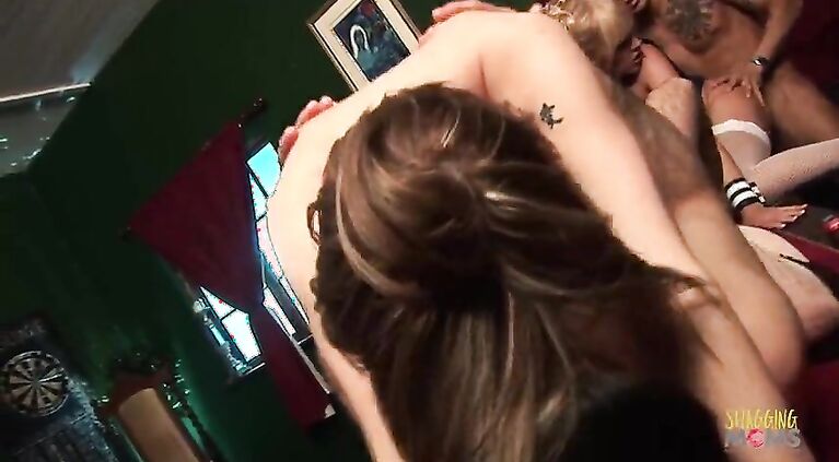 Three horny milfs are taking two cocks in all their holes and licking juicy cum in the end