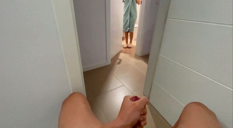 I surprise my stepsister at the bathroom door giving me a handjob and she gives me a blowjob until I cum