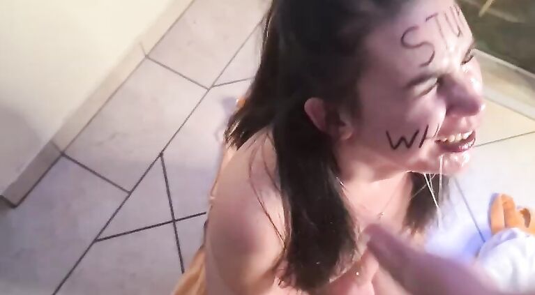 Stupid whore gets b. face fuck | slapped | spat and pissed on