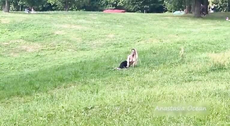 Anastasia Ocean (Emerald Ocean) in the park with bare breasts. Public
